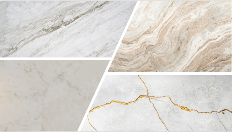 A collage of various countertop materials showcasing different textures and colors, including light and dark marbles with veining and subtle patterns.