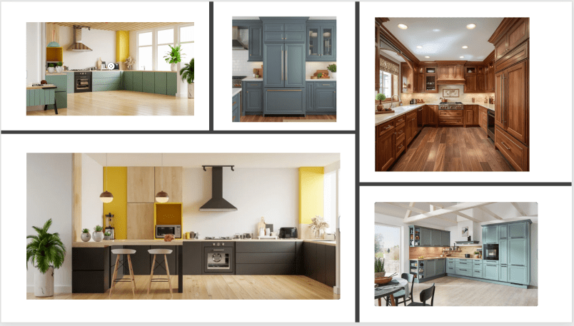 A modern kitchen with green cabinetry, wooden flooring, and large windows, showcasing an open layout.